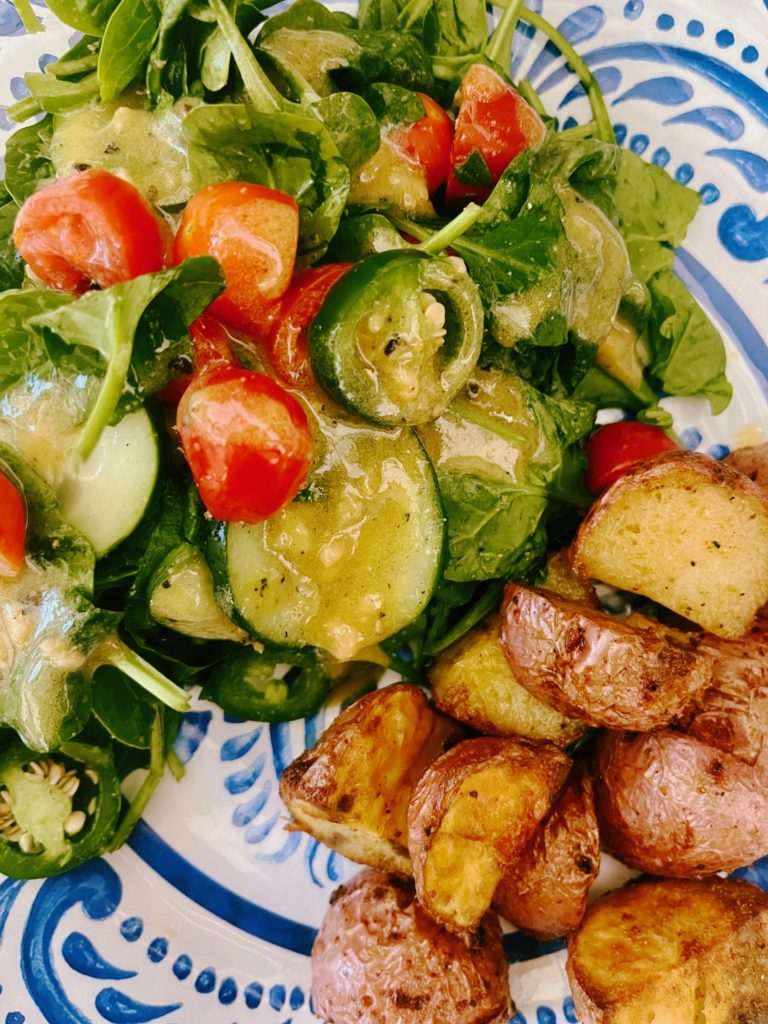 smoked-paprika-roasted-potatoes-green-salad-garlic-mustard-vinaigrette