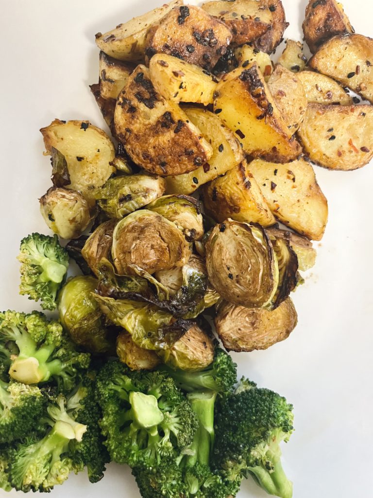 smoked-chili-crisp-potatoes-balsamic-brussel-sprouts-lemon-roasted-broccoli