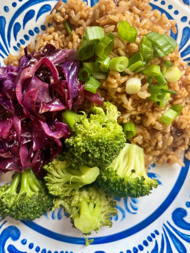 fried-rice-roasted-purple-cabbage-steamed-broccoli