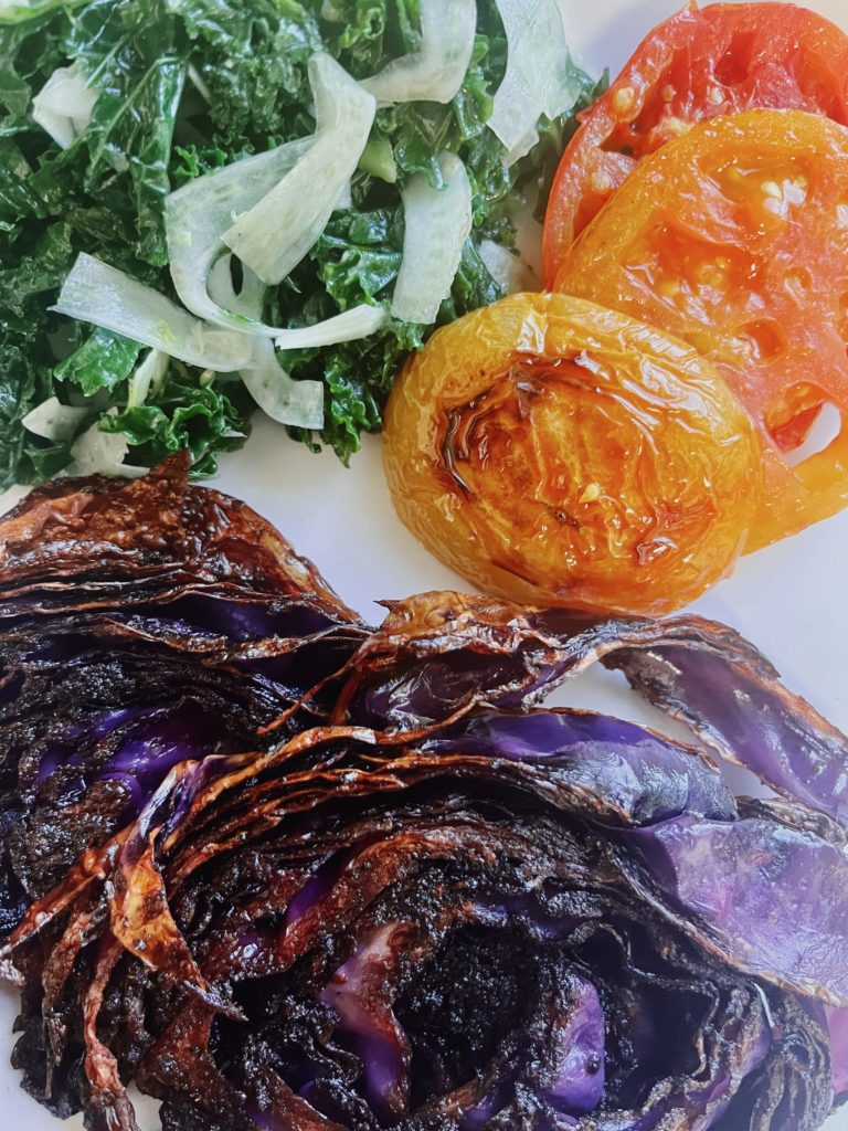 purple-cabbage-steaks-marinated-kale-salad-shaved-fennel-roasted-green-tomatoes