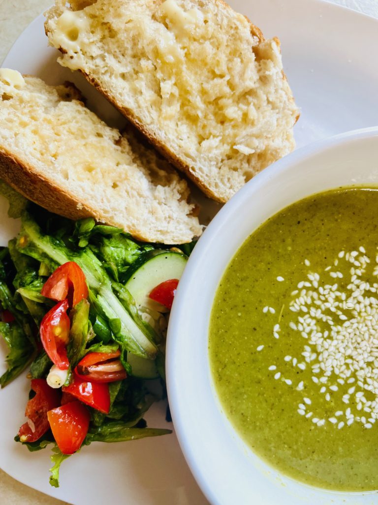 superfood-green-detox-soup-salad-sourdough-bread-vegan-butter