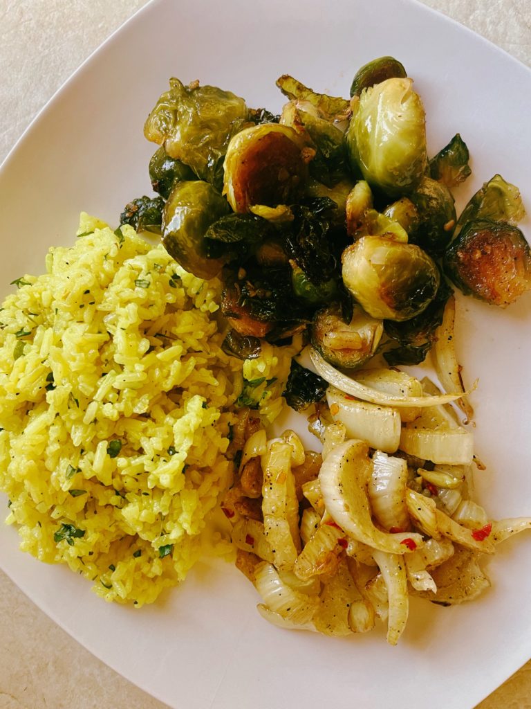 sweet-brussel-sprouts-spicy-fennel-thyme-yellow-rice