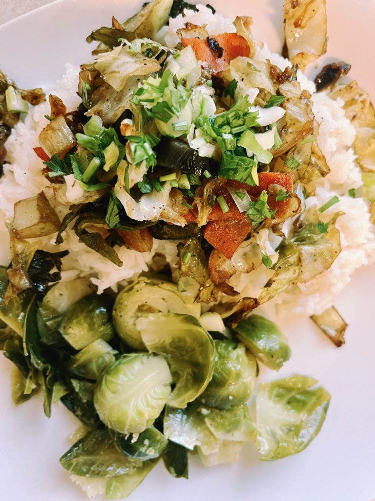 roasted-veggies-lemony-steamed-brussel-sprouts-white-rice