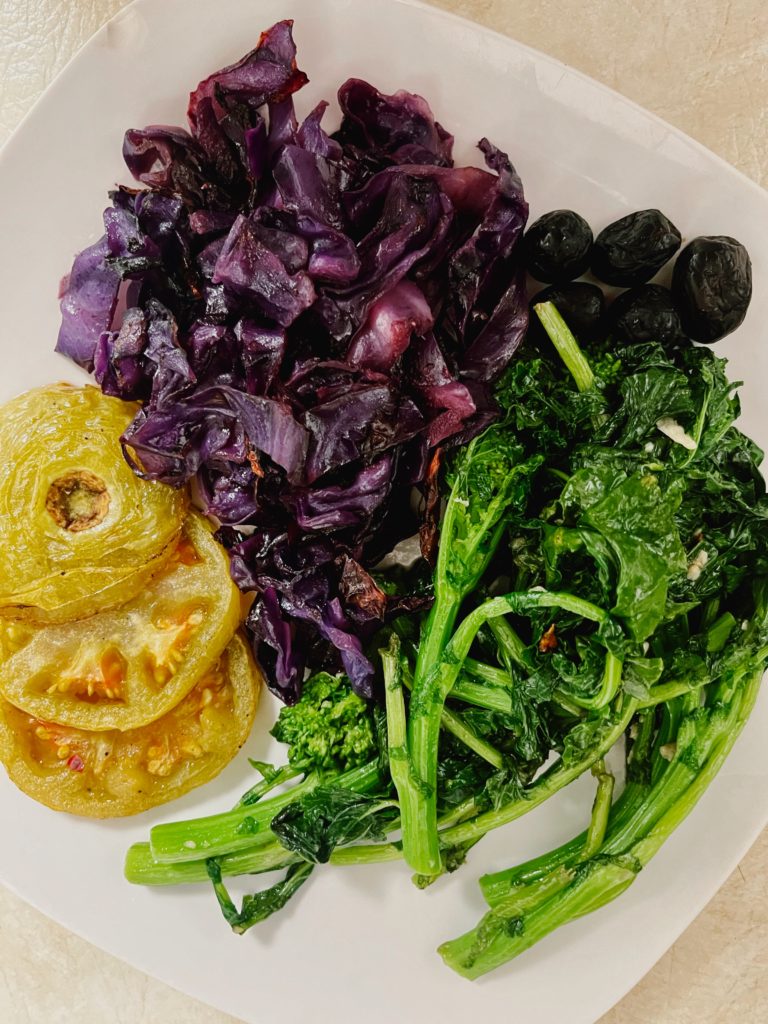 sautéed-rapini-purple-cabbage-green-tomatoes-dry-cured-olives