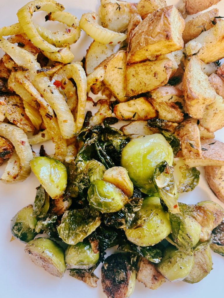 roasted-red-pepper-fennel-cumin-roasted-red-potatoes-brussel-sprouts-raisins